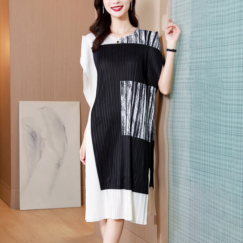 Print Loose Knee Length Dress Women Summer Round Neck Elegant Casual Split Dresses for Female New Clothes