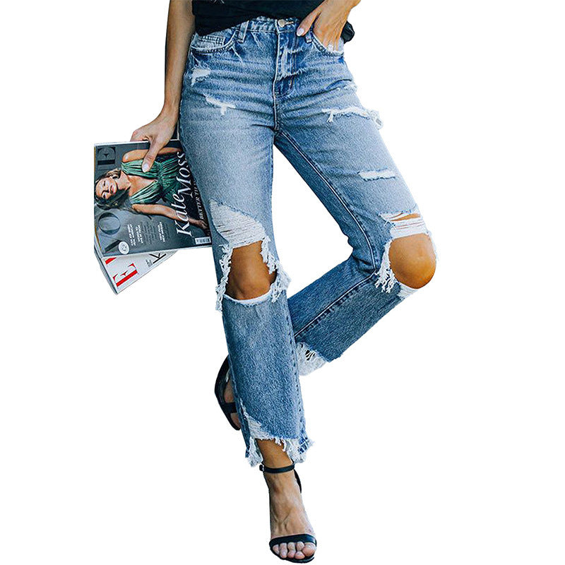 Autumn Ripped Jeans For Women European And American Personalized Knee-exposed Tight High Waist Trousers For Women