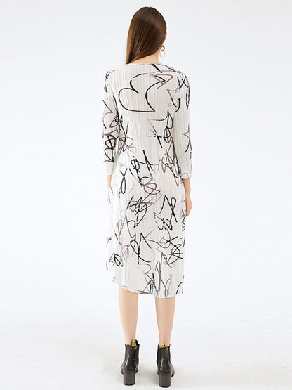 Print Fashion Pleated Elegant Lady Medium Long Round Collar Niche Design New Summer Loose A Line Casual 15KB2482