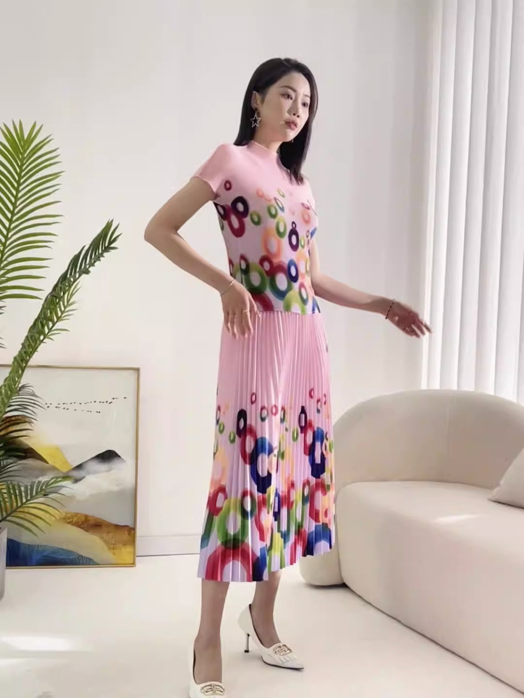 Printed pleated suit for women's pullover, elastic short sleeved top, elastic waist, loose draped half skirt