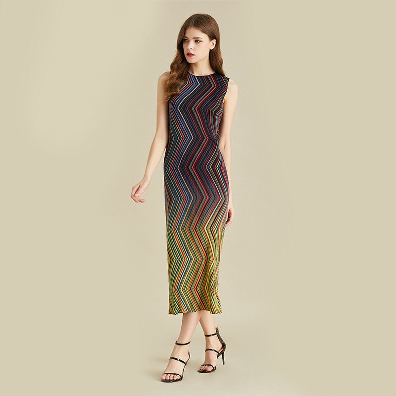 Pleated Dress Women Sleeveless Colorful Striped Halter Long Length Casual Elegant Slim