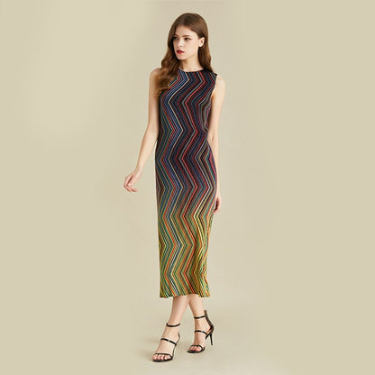 Pleated Dress Women Sleeveless Colorful Striped Halter Long Length Casual Elegant Slim