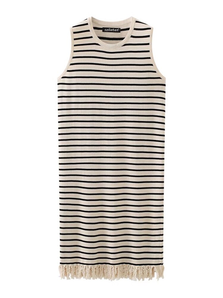 Contrasting Color Striped Knitted Sleeveless Dress Summer New Lazy Simple High-end Sundress  Tassel