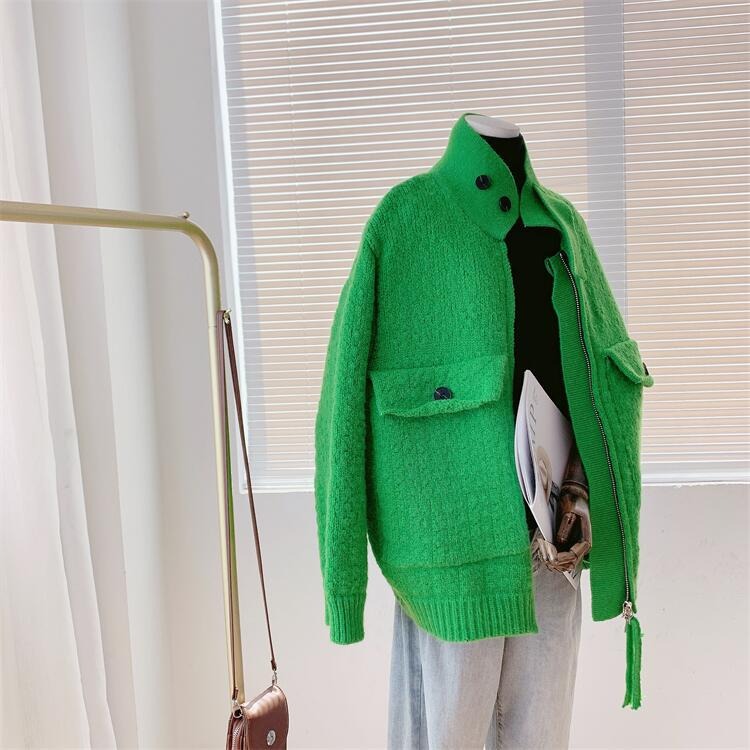 Retro Lazy Style Thickened Sweater Women's Coat New Loose Zipper Knitted Cardigan