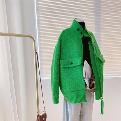 Retro Lazy Style Thickened Sweater Women's Coat New Loose Zipper Knitted Cardigan