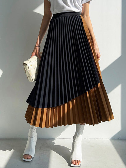 Women Skirt High Elastic Waist Contrast Colors Fashion Fold Skirts Female Clothing Irregular