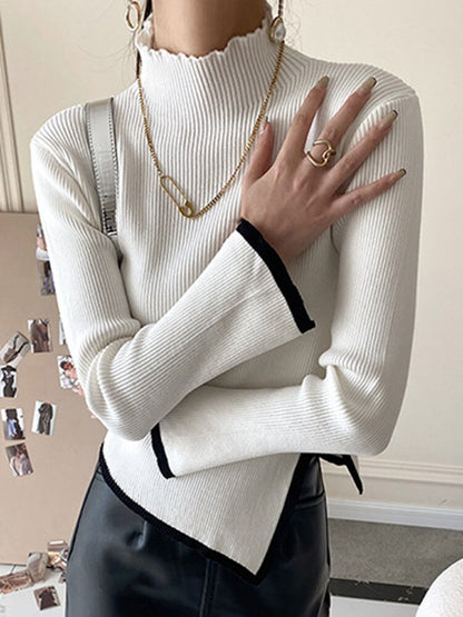 Irregular Edge Design Black Turtleneck Sweaters Women Autumn Winter New Slim Long Sleeve Knitted Pullovers