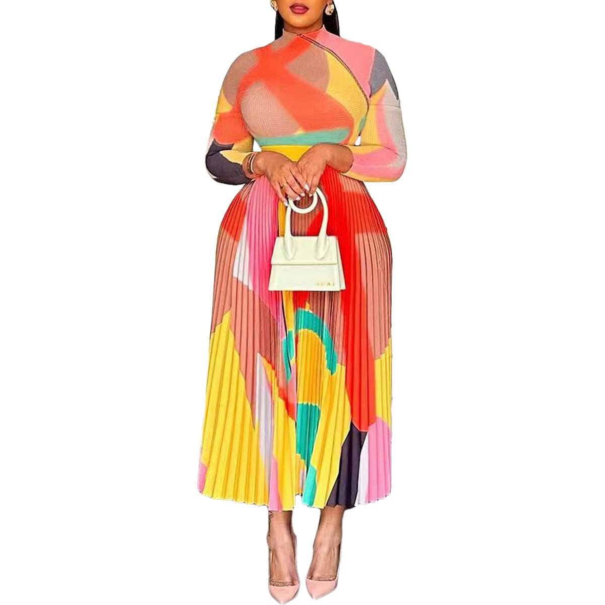 Luxury Designer Young Sexy Faicycore Chiffon Office Lady Pleated Turtleneck Full Sleeve Women Long Loose Dress