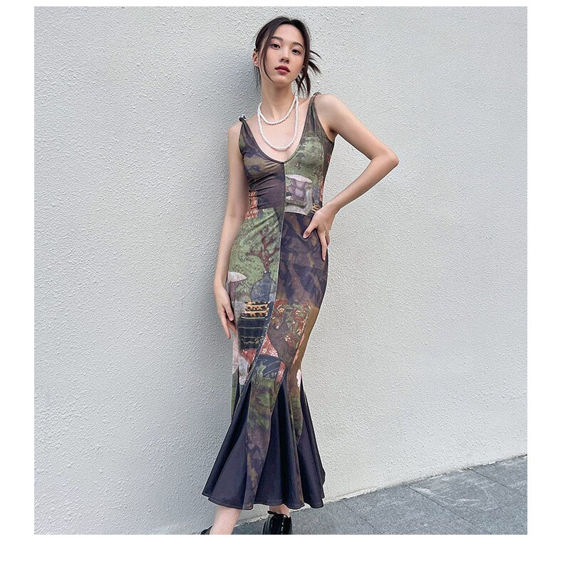 OFF designer aesthetic vintage print mermaid dresses for women summer slim bodycon tank lady dress holiday beach party vestidos