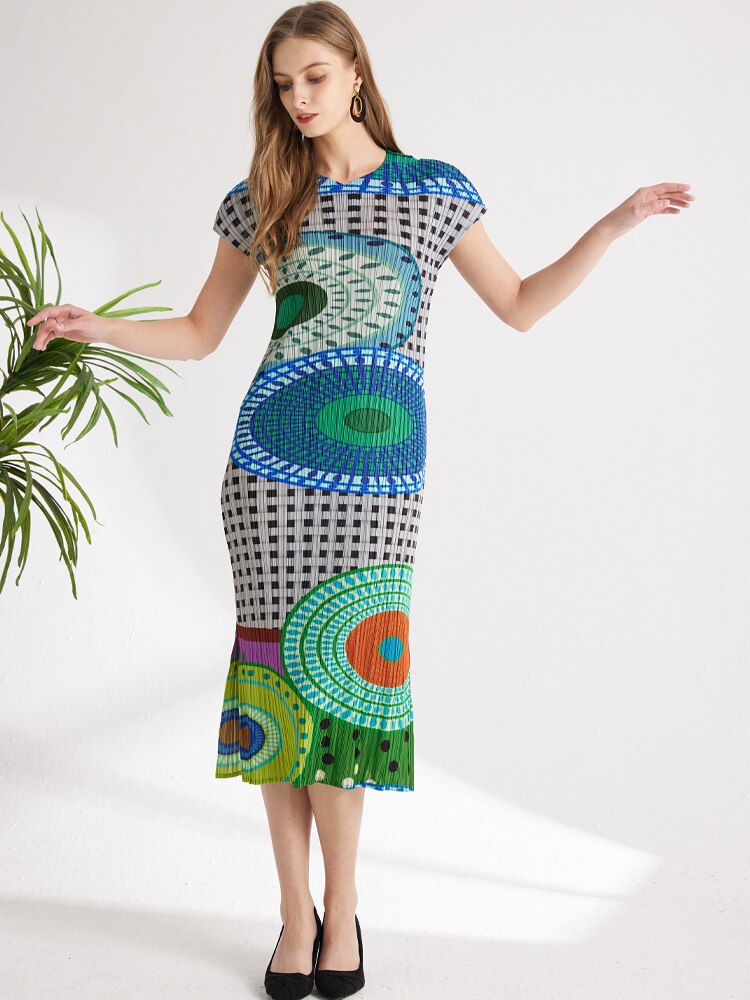 TIANPEI Pleats Plaid Printed Flying Sleeve Dress  New Spring Summer Causal Long Split Evening Dresses Aesthetic Clothes