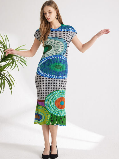 TIANPEI Pleats Plaid Printed Flying Sleeve Dress  New Spring Summer Causal Long Split Evening Dresses Aesthetic Clothes