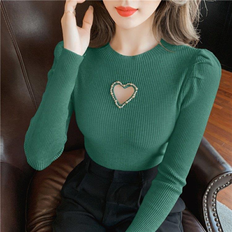 New Hollow Heart Beaded Knitted Bottom Shirt For Women