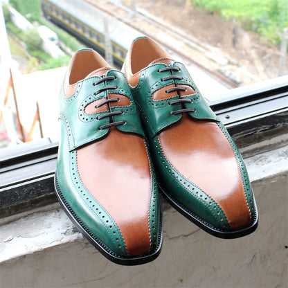 British Fashion Carved Color Matching Leather Shoes Cowhide Business