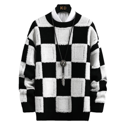 Men's Trendy Plaid Round Neck Sweater Loose