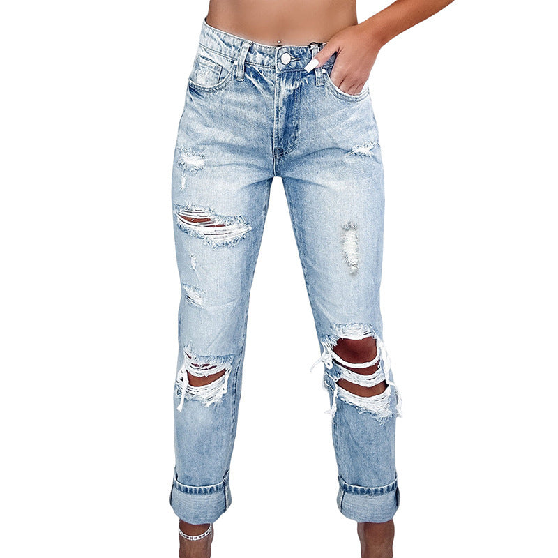 Retro Tattered Straight High Waist Skinny Jeans