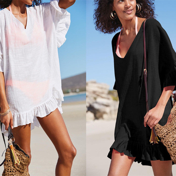 Solid Color Sun Protection Shirt Ruffled V-neck Bikini Loose Blouse