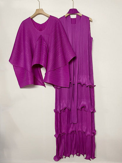 Miyake Pleats Solid Color Suit Spring 2023 New Women's Long Vest Cake Skirt+irregular Shawl Top Temperament Two-piece Set