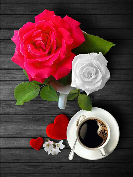 Red Rose Coffee Embroidery Full Circle Square Diy Diamond Painting