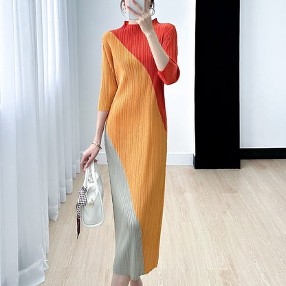 DEAT Pleatd Color Block Dress Women Stand Collar Loose Summer New 2023 Medium Long Elegant Pullover Female Casual 15KB1913