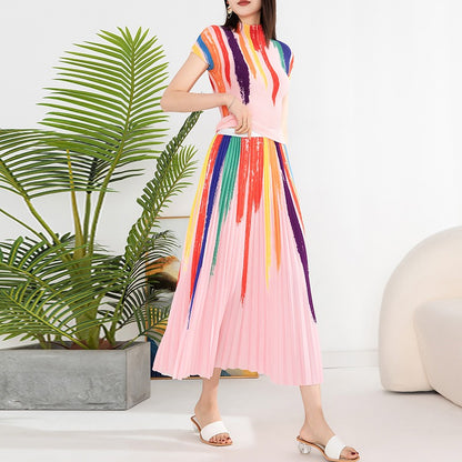 Contrast Color Pleated 2 Pieces Set Women's Turtleneck Short Sleeves Tops High Waist Fold Skirts Casual Clothes