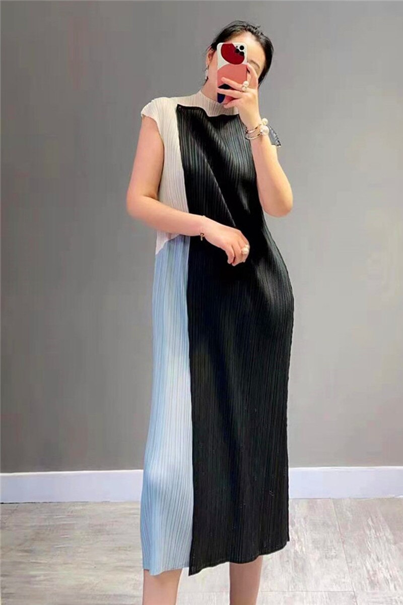 Pleated A-line Dress One Button Long Dress Sleeveless Vintage Causal Dress Bobo Dress Designer Clothing