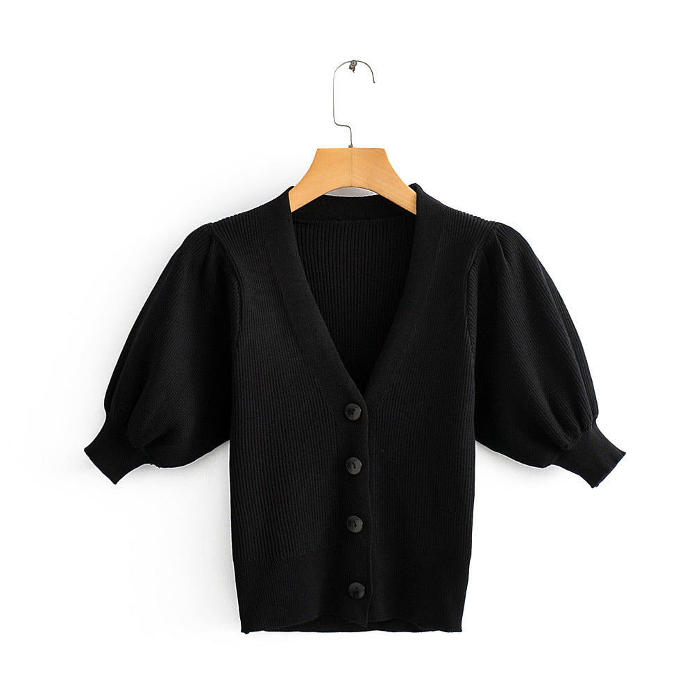 Ladies Pure Color Puffy Sleeve Knit Cardigan Short Jacket Thin