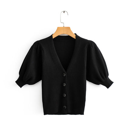 Ladies Pure Color Puffy Sleeve Knit Cardigan Short Jacket Thin