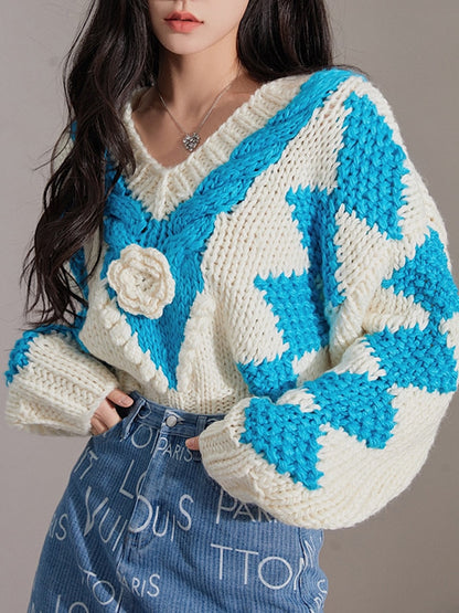 Korean Fashion Sweater For Women V Neck Long Sleeve Patchwork Floral Loose Knitting Pullover Female Autumn Clothing