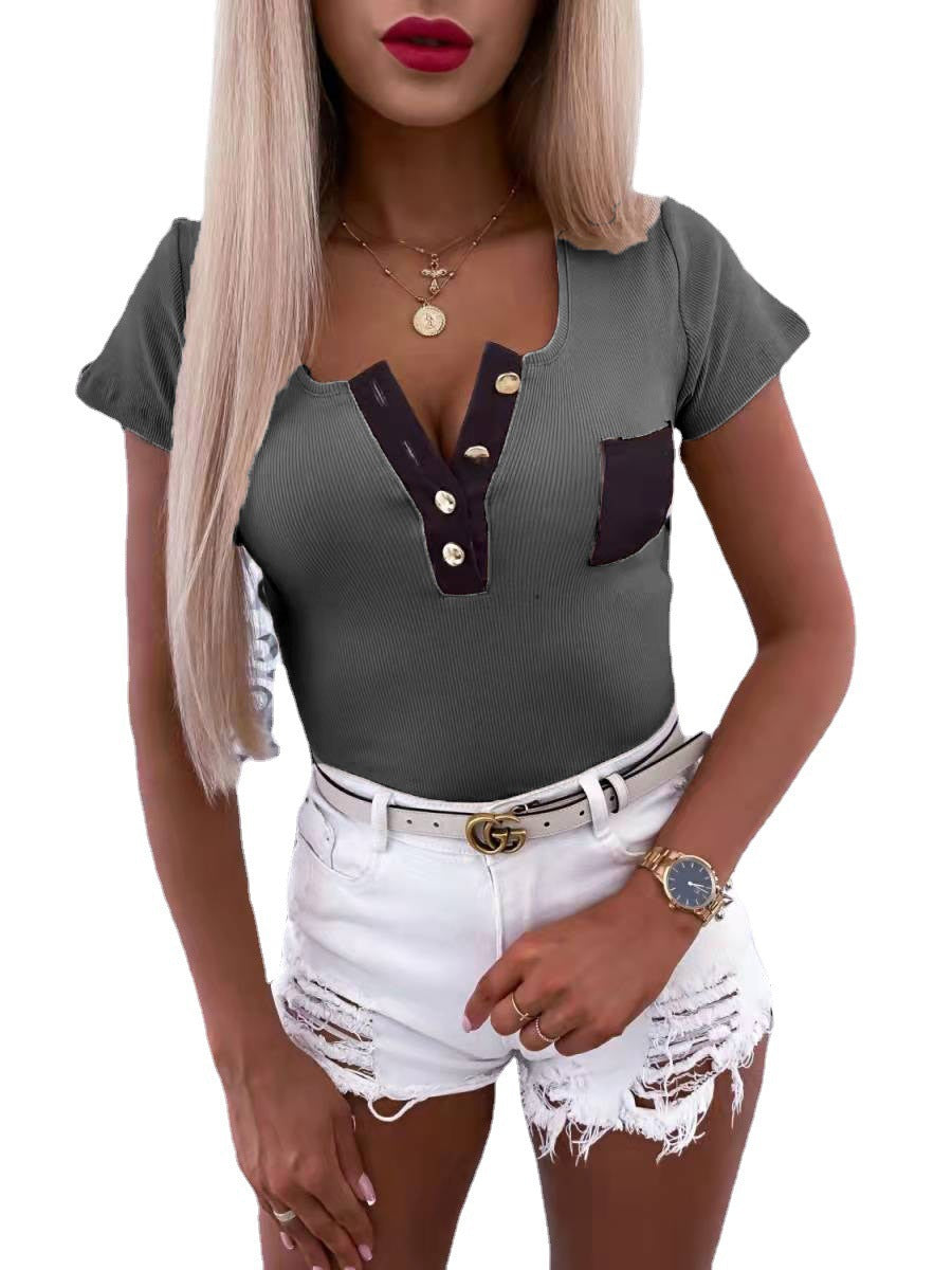 Women's Solid Color Fashion Slim Fit Pullover Button T-shirt Top