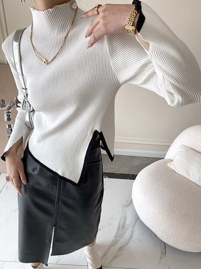 Irregular Edge Design Black Turtleneck Sweaters Women Autumn Winter New Slim Long Sleeve Knitted Pullovers