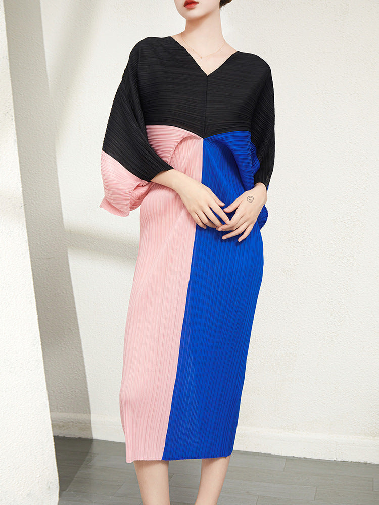 Contrast Color Pleated Dress For Women Casual V-neck Batwing Sleeves Elegant Dresses Female Clothing