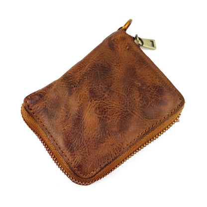 Zipper folding compact vegetable tanned leather wallet