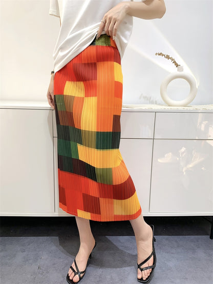 Pleated Summer New Rainbow Print Pleated Hundred High Waist Skinny After Open Fork The Long Women's Half-body Skirt