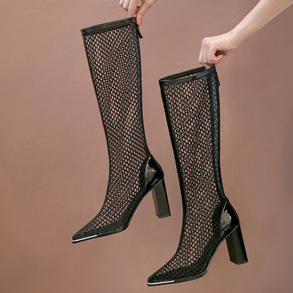Chunky Heel Boots Mesh Back Zip Black
