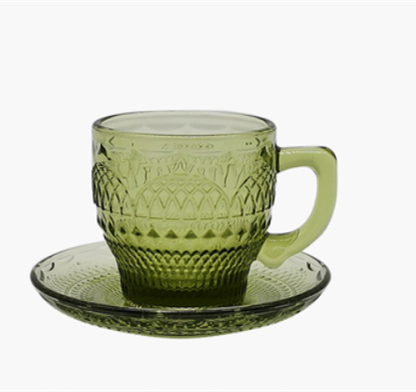Glass Coffee Cup And Saucer Thick Heat-resistant Classical Flower Tea Cup Retro Color Ice Cream Cup