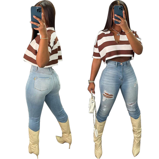 Women's Summer New Sunken Stripe Short-sleeved Top Fashion Positioning Striped Drop-shoulder Sleeve Loose T-shirt