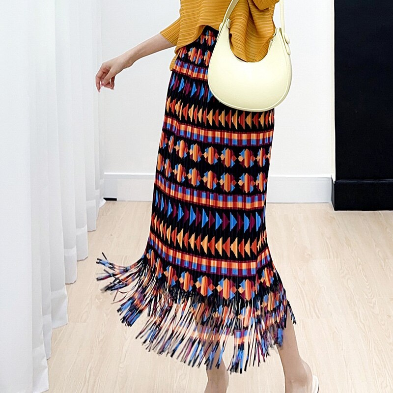 Vintage Printing Tassel Pleated Skirts For Women High Waist With Elastic Midi Skirt Tide Fashion Summer