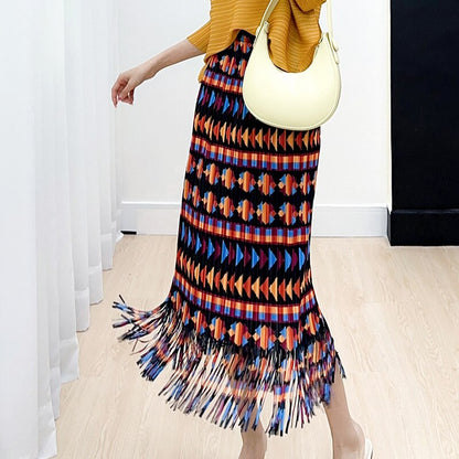 Vintage Printing Tassel Pleated Skirts For Women High Waist With Elastic Midi Skirt Tide Fashion Summer
