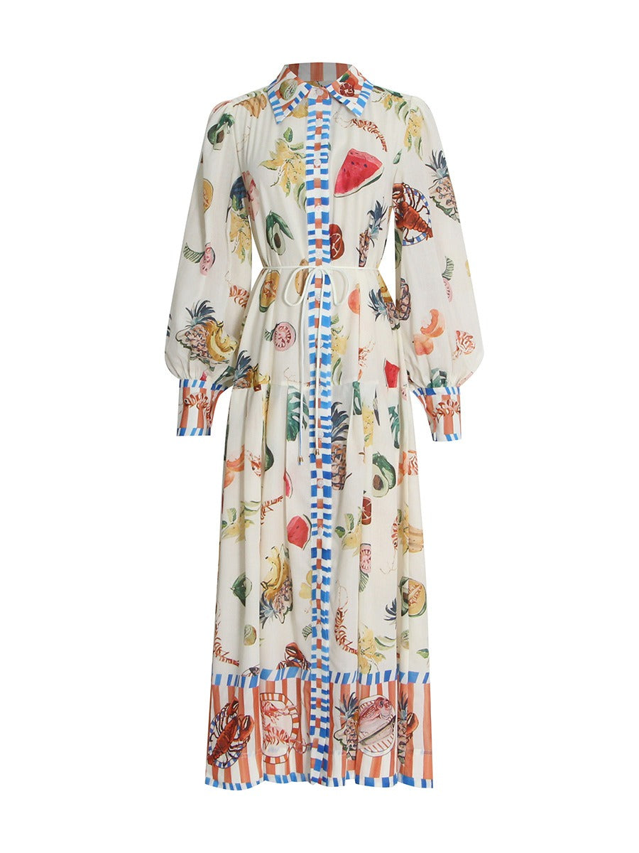 FRUIT PRINTED LONG DRESS FLIP NECK LAMP SLEEVE TIE UP DRESS