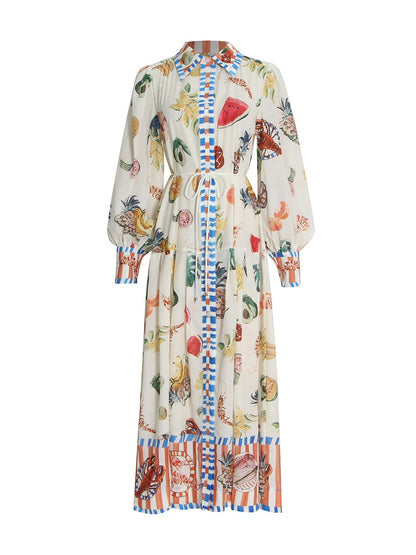 FRUIT PRINTED LONG DRESS FLIP NECK LAMP SLEEVE TIE UP DRESS