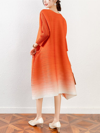 Women Pleated Dress Gradient Color O-neck Elegant Loose Waist Long Sleeve Dresses