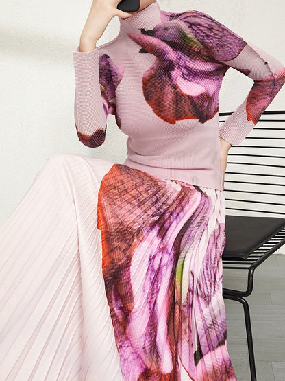 New Printed Top Half Skirt High end Fashion Two Piece Set High end Three House Pleated Set for Women
