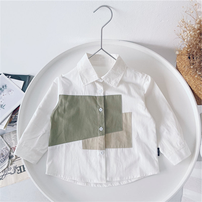 Children Boys Stitching Cotton Shirt Long Sleeves