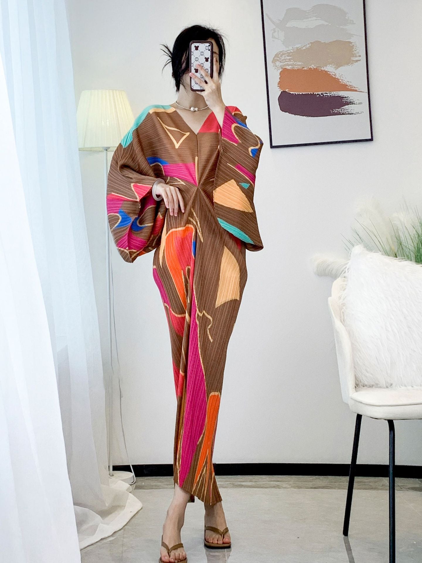Miyake Pleated Temperament V-neck Geometric Pattern Printing Bat Sleeve Women's Long Dress High Stretch Large Vintage Fashion
