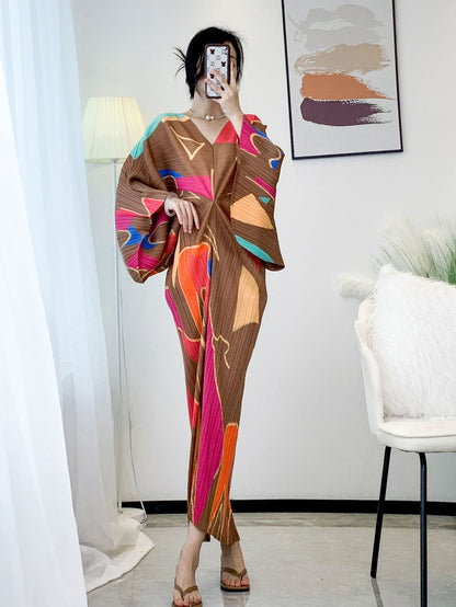 Miyake Pleated Temperament V-neck Geometric Pattern Printing Bat Sleeve Women's Long Dress High Stretch Large Vintage Fashion