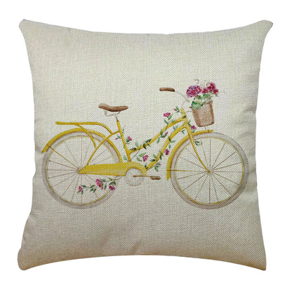 Bicycle Illustration Linen Pillow Cover Vase English Letters Home Cushion 4545