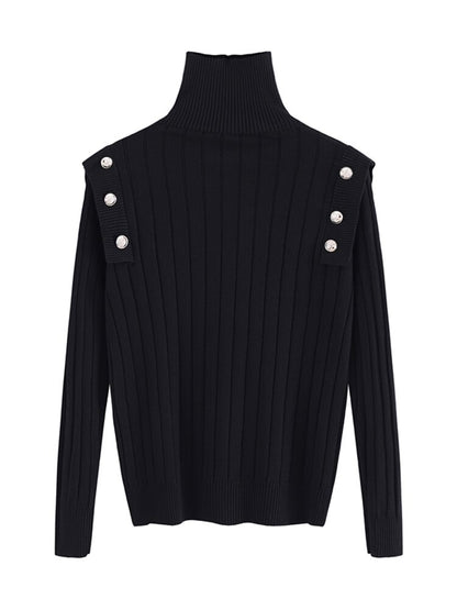 Pullover High Neck Knitwear Women's Spring And Autumn New Slim Button Decoration Long Sleeve Thin Sweater Bottoming Trend