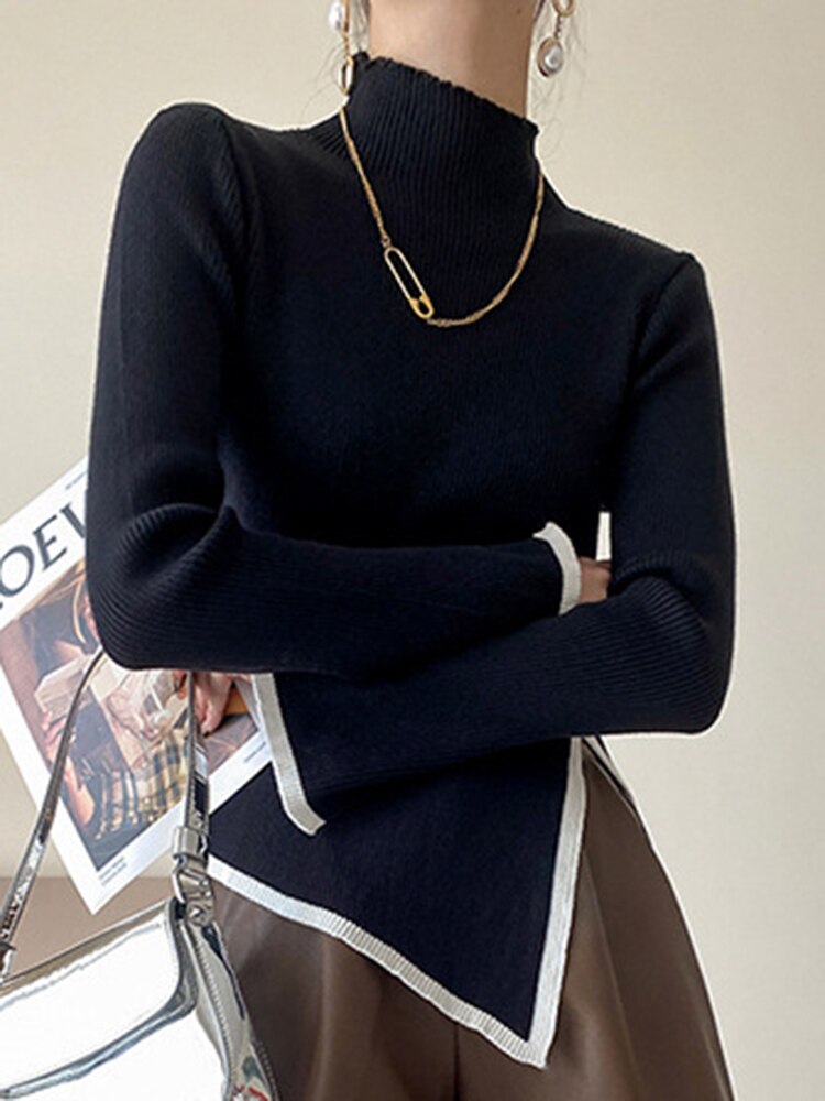 Irregular Edge Design Black Turtleneck Sweaters Women Autumn Winter New Slim Long Sleeve Knitted Pullovers
