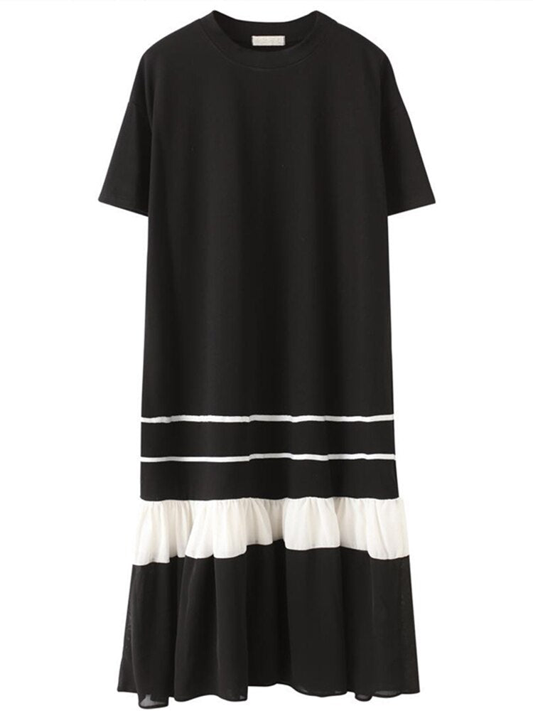 [EWQ] Women Black White T-shirt Dress Big Size Loose Short Sleeve Hem Gauze Patchwork O-neck Dresses  Summer New Tide Robe
