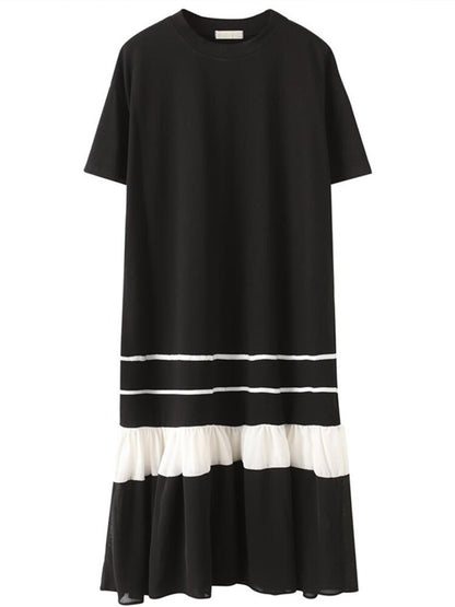 [EWQ] Women Black White T-shirt Dress Big Size Loose Short Sleeve Hem Gauze Patchwork O-neck Dresses  Summer New Tide Robe